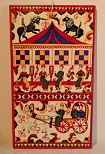 TABLEAU PEINTURE SUR BOIS peinture laquée, scène ancienne,  45 x 20,5 cm