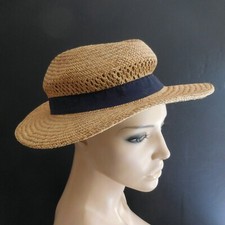 Chapeau paille jaune bleu fait main mode vintage 1950 femme homme France N6349  