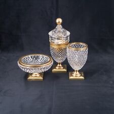 Antique French Crystal Glass Box Jar and Ashtray Set Bronze Ormolu Diamond Cut