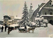 Animaux - Chevaux - Megève - La place de l'Eglise un jour de neige - Traineau -