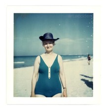 Polacolor -  THE HAT Original Vintage Found Snapshot Photo 1960s Woman Beach