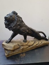 Sculpture Lion Rugissant Blessé En Plâtre Décoration Vintage #C971