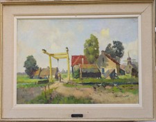 Tableau vers 1930 signature ? Hollande Moulin à vent Pays-Bas pont à bascule