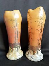 Legras? / Paire de vases en verre émaillé décor paysage enneigé / Art Nouveau