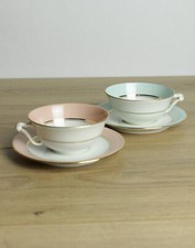 lot de deux tasse à café en céramique avec soucoupe bleu vert orange blanc