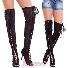 Bottes Femme Hauts Dentelle Cuissardes Lacets Lacé Talons Chaussures Neuf C2003