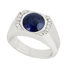 Bague chevalière or blanc 18 carats saphir bleu et diamant pour femmes cadeau...