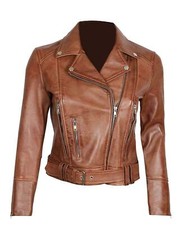 Blouson ceinturé moto cuir véritable agneau marron pour femme vintage