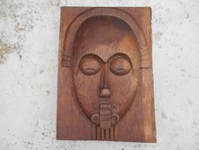 Ancien panneau gros bloc bois sculpté bas relief sculpture Art Deco buste tribal