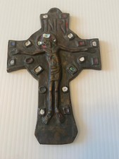 CROIX CRUCIFIX Bronze Emaillé - signé Dominique PIECHAUD art néo médiéval