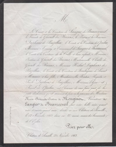 1863 faire part - 1863, de