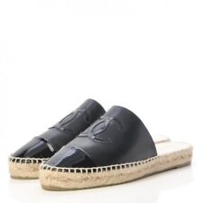 Neuf CHANEL Noir Verni Cc Dos-Nu Double Semelle Espadrille Glissière Mule Plat