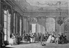 LECTURE, CONVERSATION et JEU dans un SALON LOUIS XVI (de Lawrence) - Gravure 19e