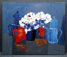 Acrylique vers 1980 Bernard Folinais Cafetières et fleurs
