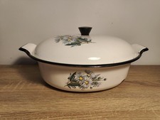 Ancienne cocotte émaillée blanche à fleurs marguerites – Vintage années 70 