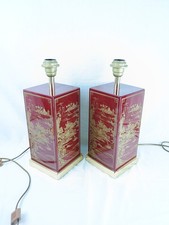 Vintage Pair of Japanese LE DAUPHIN Table Lamps Red and Gold Lacquer Brass Base