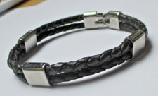 bracelet acier couleur argent double tresse cuir noir bijou vintage signé 5837