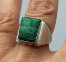 Ancienne Bague Chevalière en Argent Massif 925 et Cabochon de Malachite T.58