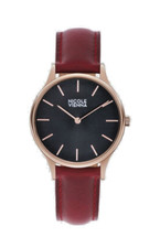 Montre Femme Or Rose Nicole Vienne, Boîtier 34 Mm, Bracelet En Cuir Bordeaux