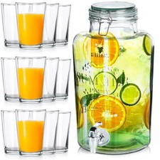 Distributeur Boissons Verre 8L avec Robinet + 12 Verres 200ml Set