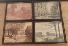 Dessin 4 Études Paysage XIXème Crayon Gras Sanguine Même Artiste Un Signé Ancien