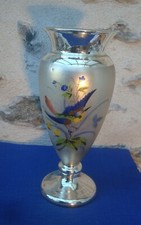 V69 RARE Grand Vase XIXe Verre Eglomisé Mercurisé Décor Oiseau