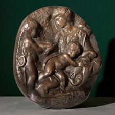 Bas-relief Madonna & Enfants style bronze – Plaque décorative 19 cm – Religieux