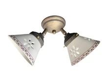 Plafonnier En Ottona Vieilli À Deux Lumières Avec Céramique Percée Marrons Blanc