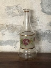 Très belle carafe/bouteille/flacon en verre, décor fleuri vieux rose, années 50