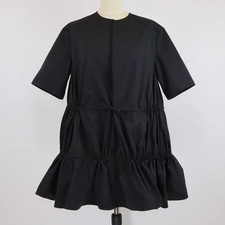 Alaia Black Cotton Three Quarter Sleeve Gathered Drawstring Waist Poplin Dress