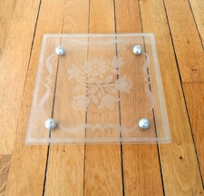 Ancien dessous de plat Art Déco Verre Décor floral dépoli Vintage 1950 Signé