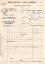 Facture   1929 SOUDURE AUTOGENE USINAGE RECTIFICATION SOCIETE AMMA A BORDEAUX