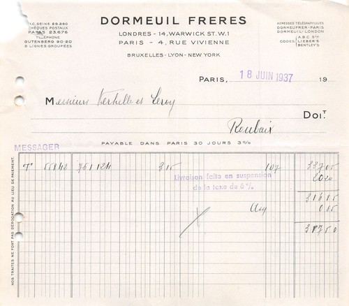 Facture 1937 dormeuil freres - facture,