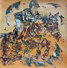 Tableau Cheval Équitation Saut D’obstacle Peinture Sur Toile 40x40 Neuf Original