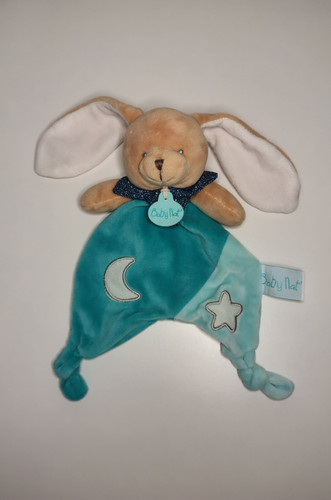 Doudou plat lapin beige - plat, bleu