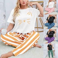 Pyjama confortable femme grande taille avec imprimé chat et pantalon rayé