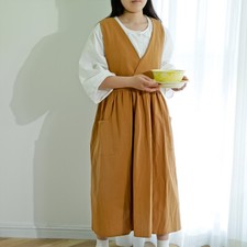 Femme Col En V Tablier Blouses Poches Français Rétro Uni Coton Mélange Travail