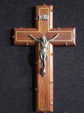Ancienne Croix Crucifix en palissandre et filets laiton - Ht. 25cm - 19ème