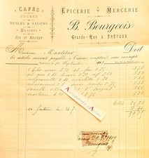 ● TREVOUX Epicerie Mercerie R. Bourgeois grande rue Mantelier Ain facture 1909