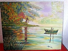 ANCIENNE TRES JOLIE PEINTURE HUILE MARINE RIVIERE BARQUE signé COLIN LYBIS