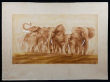Lithographie Éléphants Afrique Période Art Déco Signée C.LASSALLE 58 x 79 cm