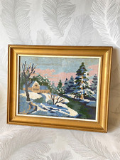 🔻 TAPISSERIE CANEVAS paysage de neige- dans son cadre doré des années 60