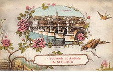 92 SAINT CLOUD #25717 SOUVENIR ET AMITIES VUE PONT MOINEAU ROSES GRIFFE CACHET