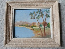 Petit tableau ancien Signé Houllez ? Peinture Bord De Mer Bateau Vue Sud Corse 