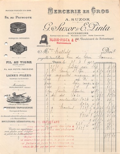 Facture 1922 mercerie gros - facture, en