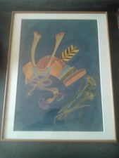 PEINTURE SUR SOIE - Casque Japonais -signature & sceau -encadré 1970 56 x 54 cm