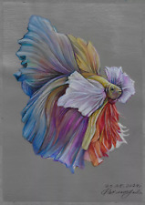  poisson combattant bleu blanc rouge dessin original A3 au crayon couleur  