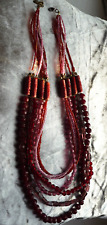 COLLIER MULTI-RANG EN PERLES DE VERRE  TONS ROSE/ROUGE bordeaux - BIJOU VINTAGE