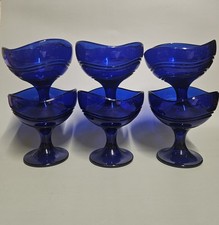 6 COUPES A DESSERT / GLACE EN VERRE BLEU COBALT / ART DECO VINTAGE / VAISSELLE 