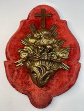 Bénitier Ancien en Régule Doré – Angelots – Velours Rouge – XIXe siècle